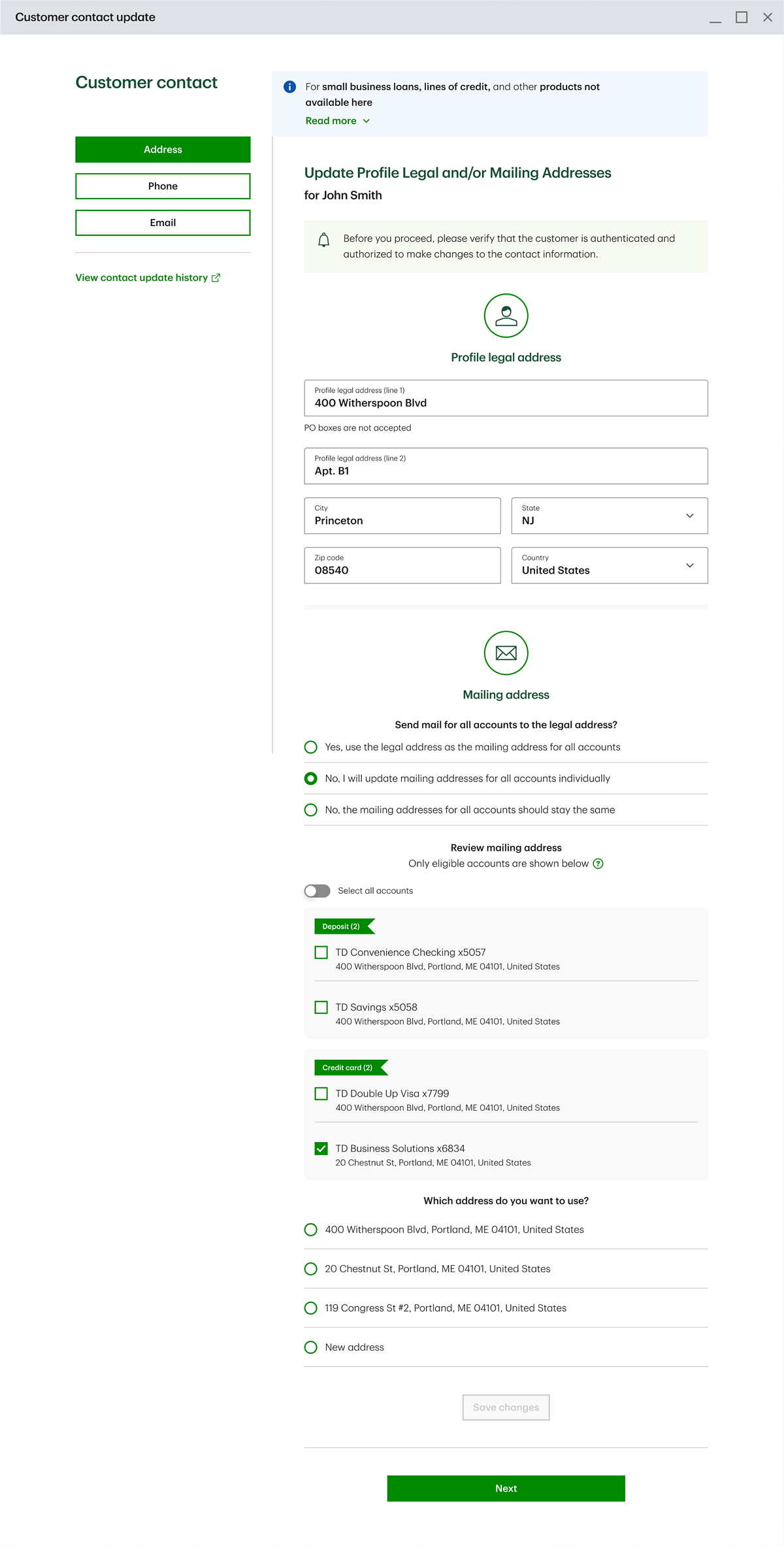Update profile legal and mailing addresses