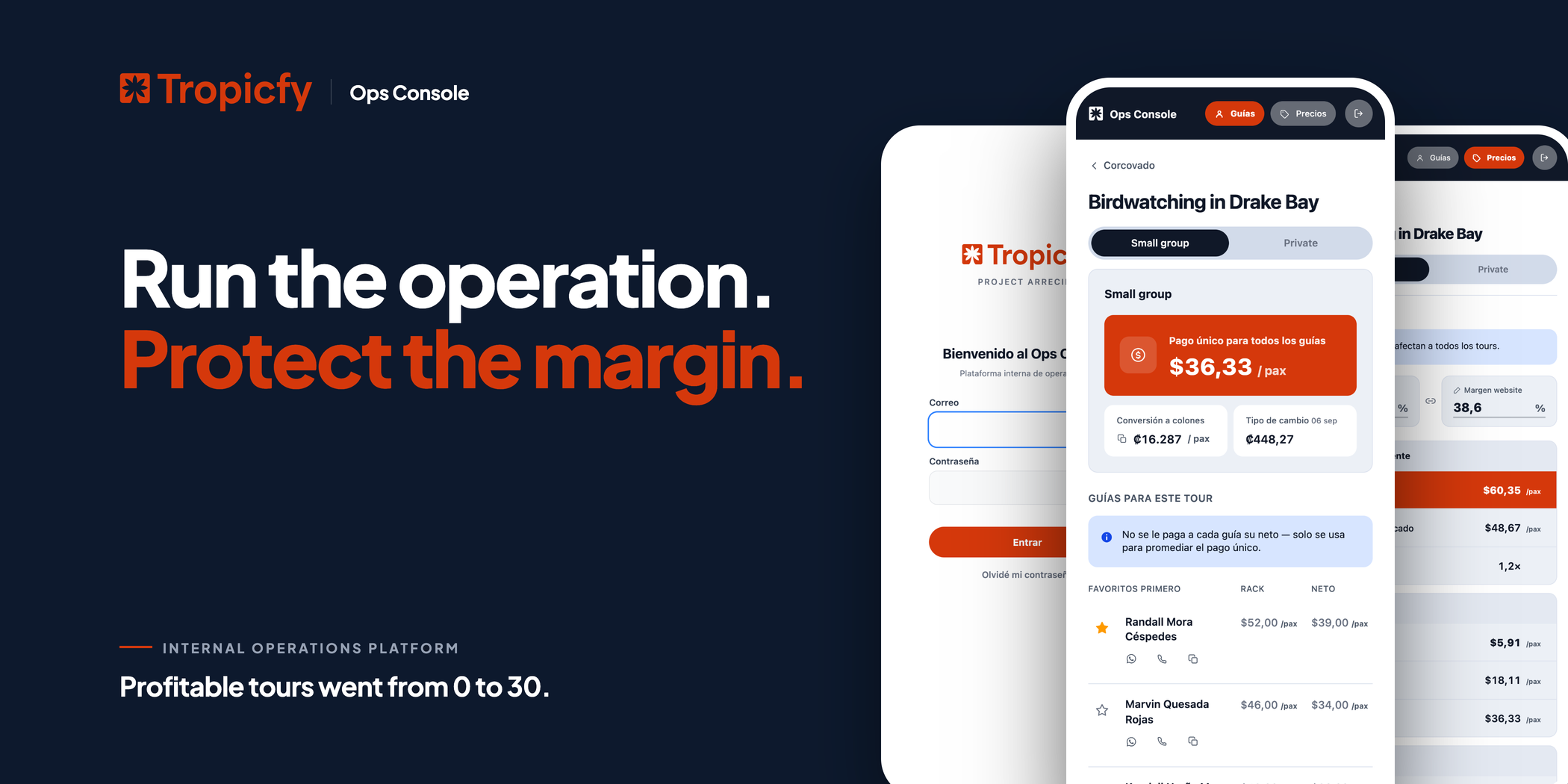 Ops Console — internal operations platform for Tropicfy, showing a tour's single guide payment and its price breakdown on mobile