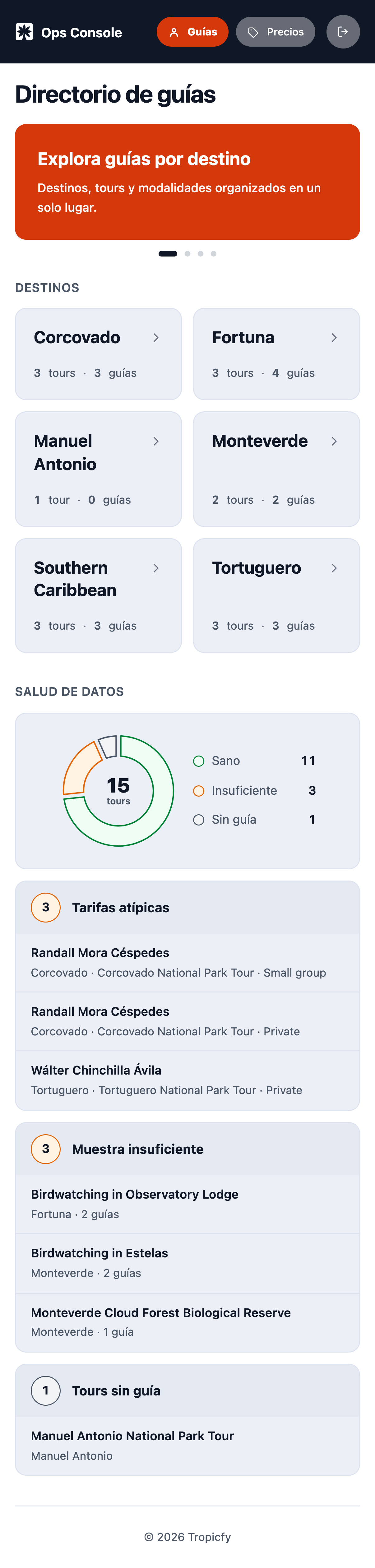 Guides tab — destinations with their tour and guide counts, and the data-health panel