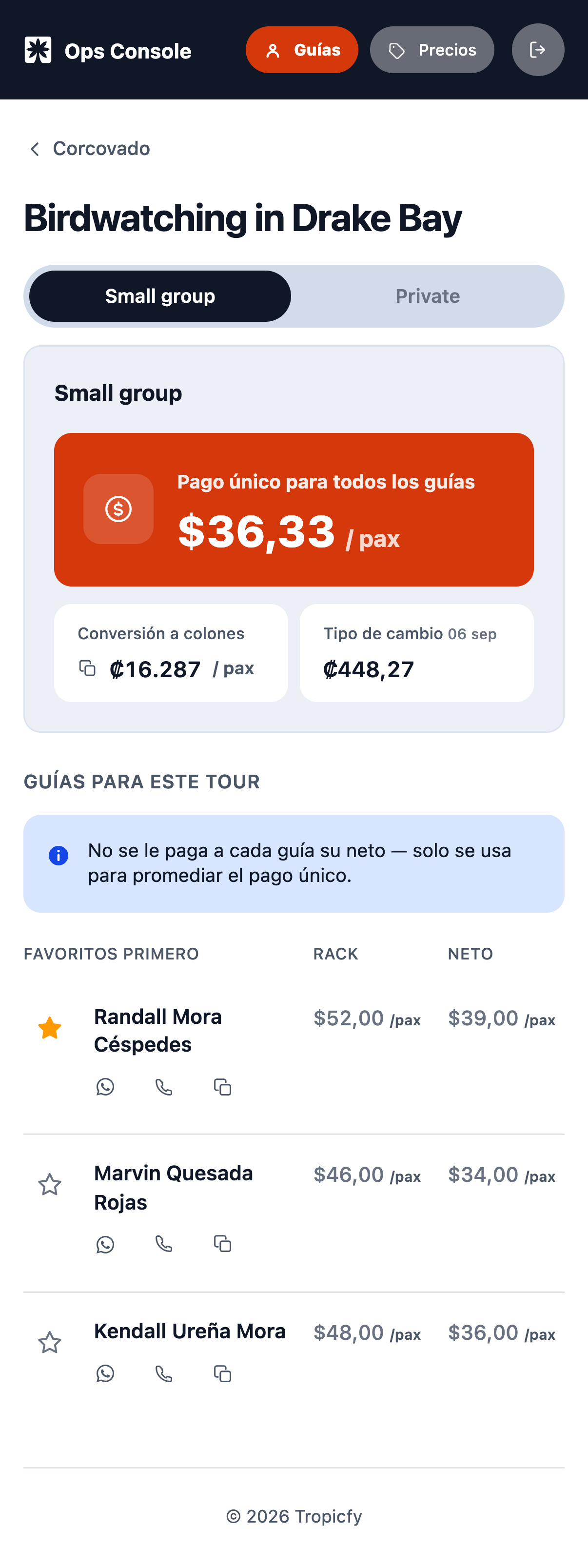 A tour inside the Guides tab — the single payment, the exchange rate it was converted with, and each guide with WhatsApp, call and copy in their row