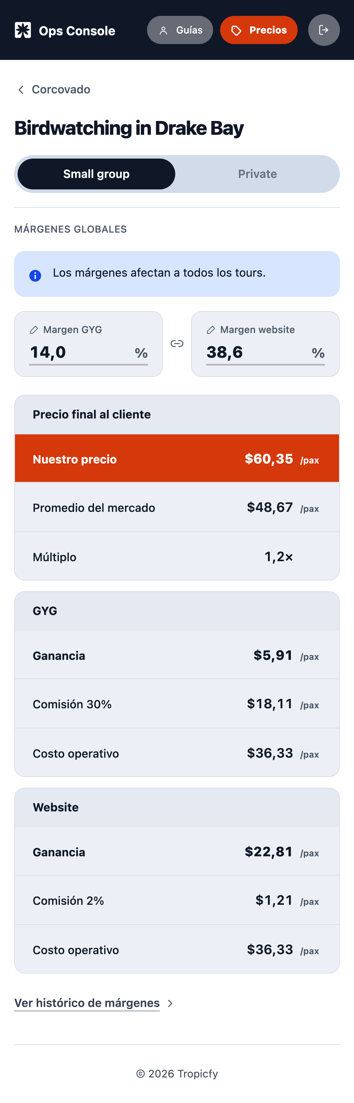 A tour inside the Prices tab — the two synced margins, and our price against the market average