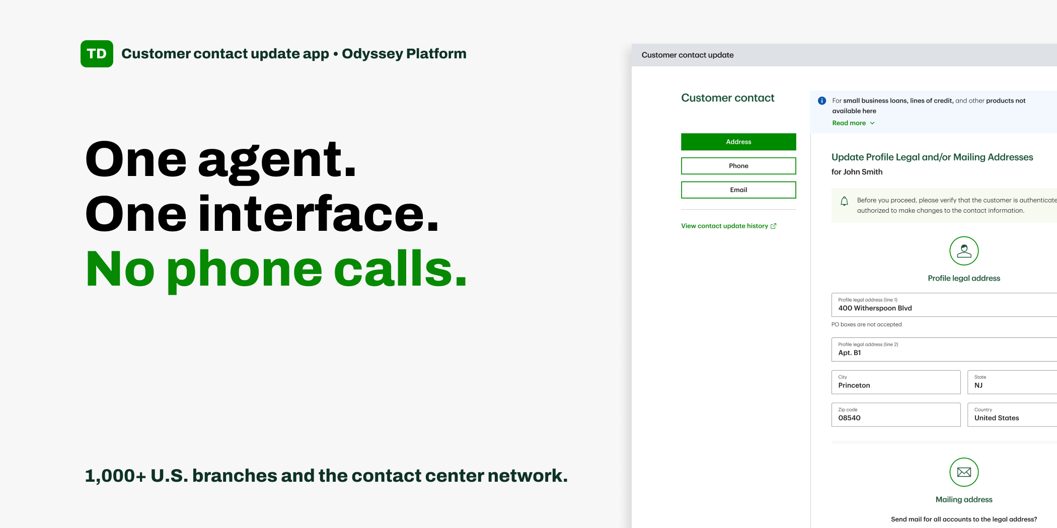 Customer contact update app — Odyssey Platform UI showing the Address, Phone, and Email update flow